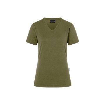 Karlowsky PASSION Workwear Damen T-Shirt CASUAL- FLAIR Kurzarm V-Neck Modern Fit Polyester/Baumwollmix OEKO-TEX® nachhaltig Moosgrün
