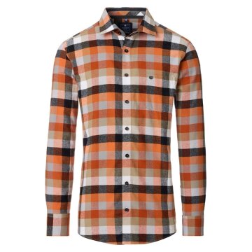 REDMOND Herren Flanellhemd Langarm Kent Comfort Orange Karo